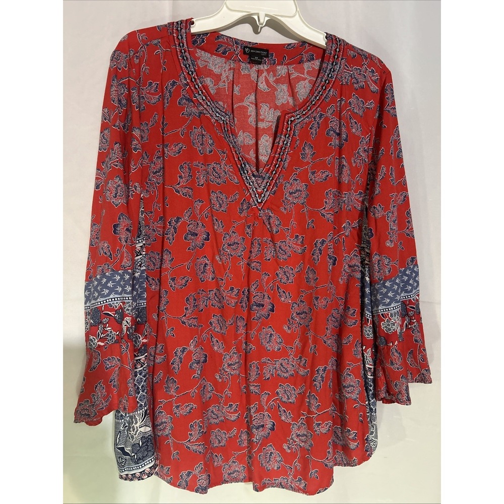 New Directions July 4th Red Blue Floral Women's Top Size 2X V-Neck 3/4 Sleeve